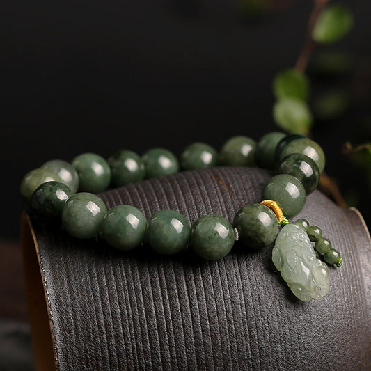 Fengshui Wealth Natural Jade Bracelet With Pixiu/Flower Charm, Gemstone Friendship Bracelet, Lucky Jade Bead Bracelet, Healing Anxiety
