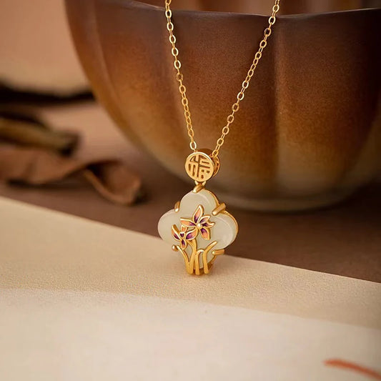 925 Silver Orchid With Fu Hetian Jade Clavicle Necklace - Prosperity And Lucky