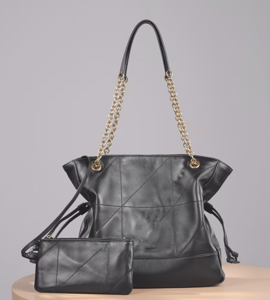 Gold Chain Strap Black Leather Tote Bag