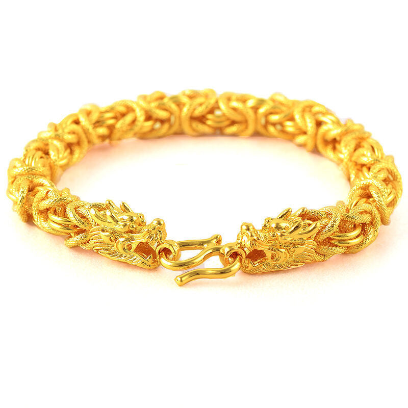 Double-Headed Golden Dragon Bracelet, Lao Sand 18K Gold Jewelry