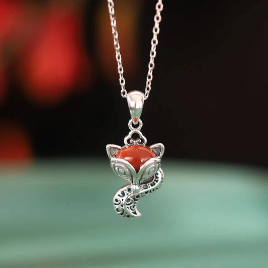 Fox Red Agate Vintage Matte 925 Silver Necklace - Protection