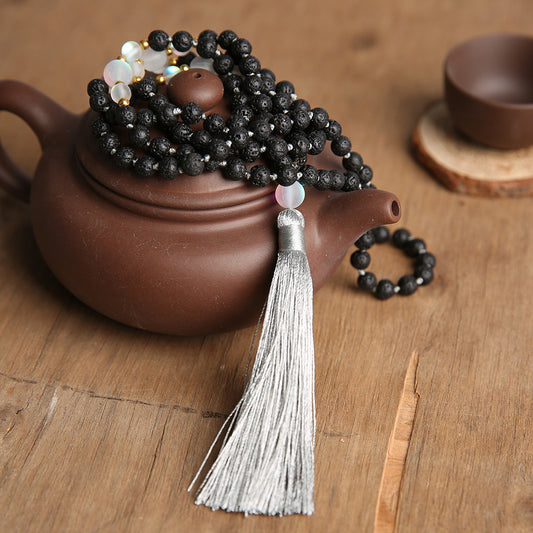 6mm 108 Mala Beads Natural Volcanic Stone Knotted Meditation Semi-Precious Necklaces, Men and Women Charm Necklace Hanging Black Tassel