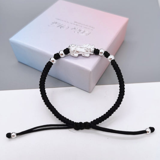 Feng Shui Pixiu Bracelet Black/Red String Buddhist Bracelet, 999 Sterling Silver Bracelet, Good Luck Amulet Handmade Adjustable Bracelet