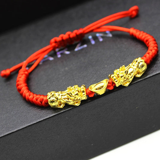 Double Pixiu Ingot Wealth & Lucky Red Rope Bracelet, Feng Shui Braided Red String Bracelet Rope Jewelery