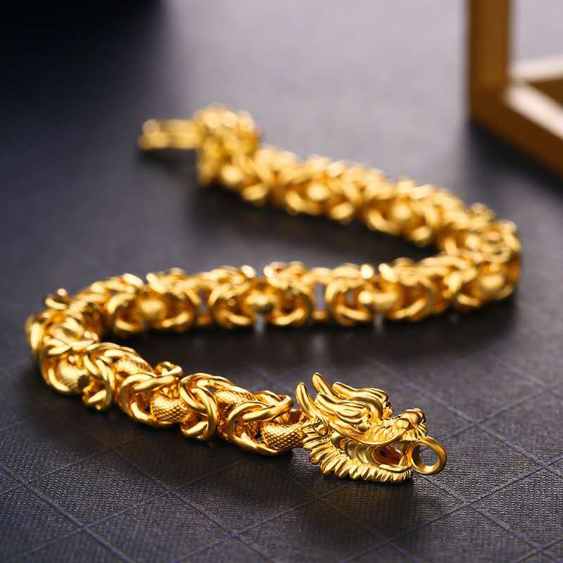 Double-Headed Golden Dragon Bracelet, Lao Sand 18K Gold Jewelry