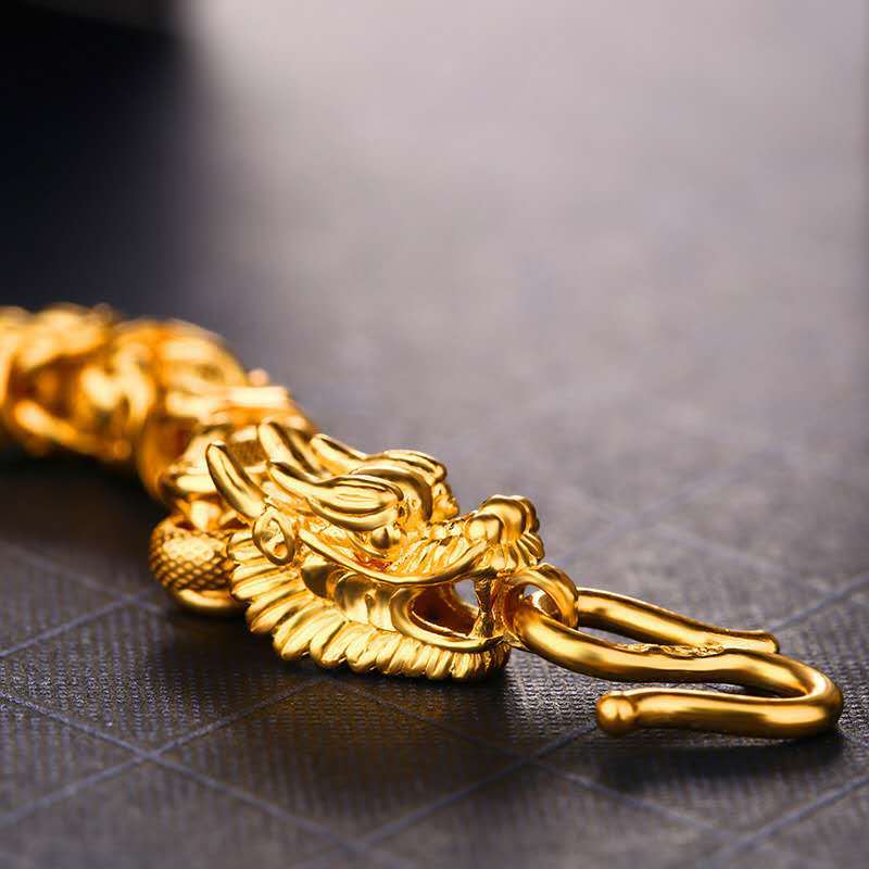 Double-Headed Golden Dragon Bracelet, Lao Sand 18K Gold Jewelry
