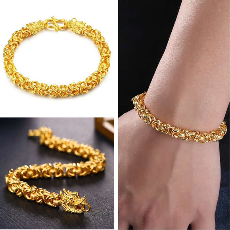 Double-Headed Golden Dragon Bracelet, Lao Sand 18K Gold Jewelry
