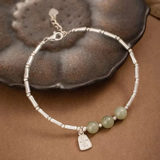 Jade Beads Bamboo Silver Bracelet - Good Fortune and Prosperity