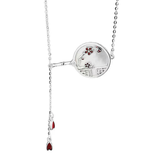 Golden Plum Blossom Fan Tassel Silver Necklace - Fortune And Auspicious