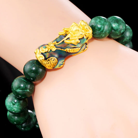Feng Shui Pixiu Jade Bracelet, Green Stone Beads Bracelet, Hikyu Wristband Wealth Pixiu Women Men Bracelets