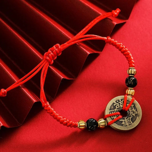 Armband mit chinesischen Glücksmünzen, Feng Shui-Armband aus roter Schnur mit antiker Münze, fünf Kaisermünzen, Reichtums- und Glücksamulett