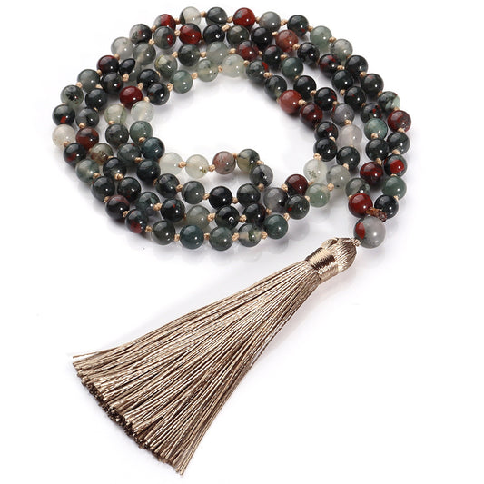 Collana con 108 perle Mala, collana con pietre preziose di agata semipreziosa, collana con nappe di perline Japa Mala annodate a mano con ciondolo albero della vita