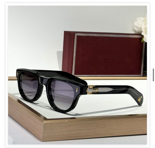 Black Acetate Square Sunglasses with Gold Hardware & Cross Temple Detail